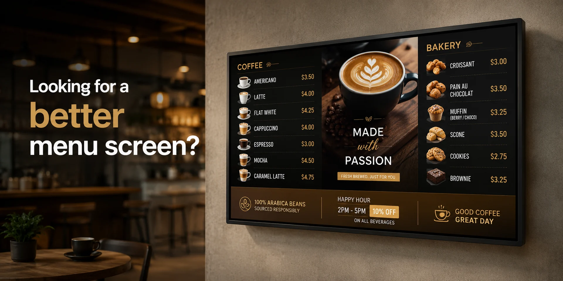 A café television displaying a coffee and bakery menu